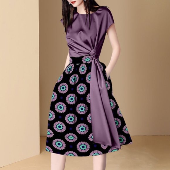 Women Blouse and Skirt Set Print Midi Skirt and Solid Blouse - Picture 2 of 6